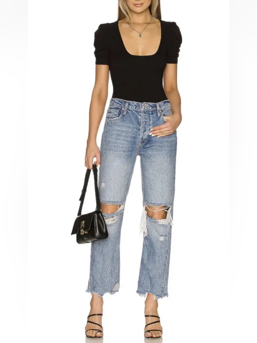 We the Free People Women's Light Blue Ripped Knees Boyfriend Jeans Button Fly 29